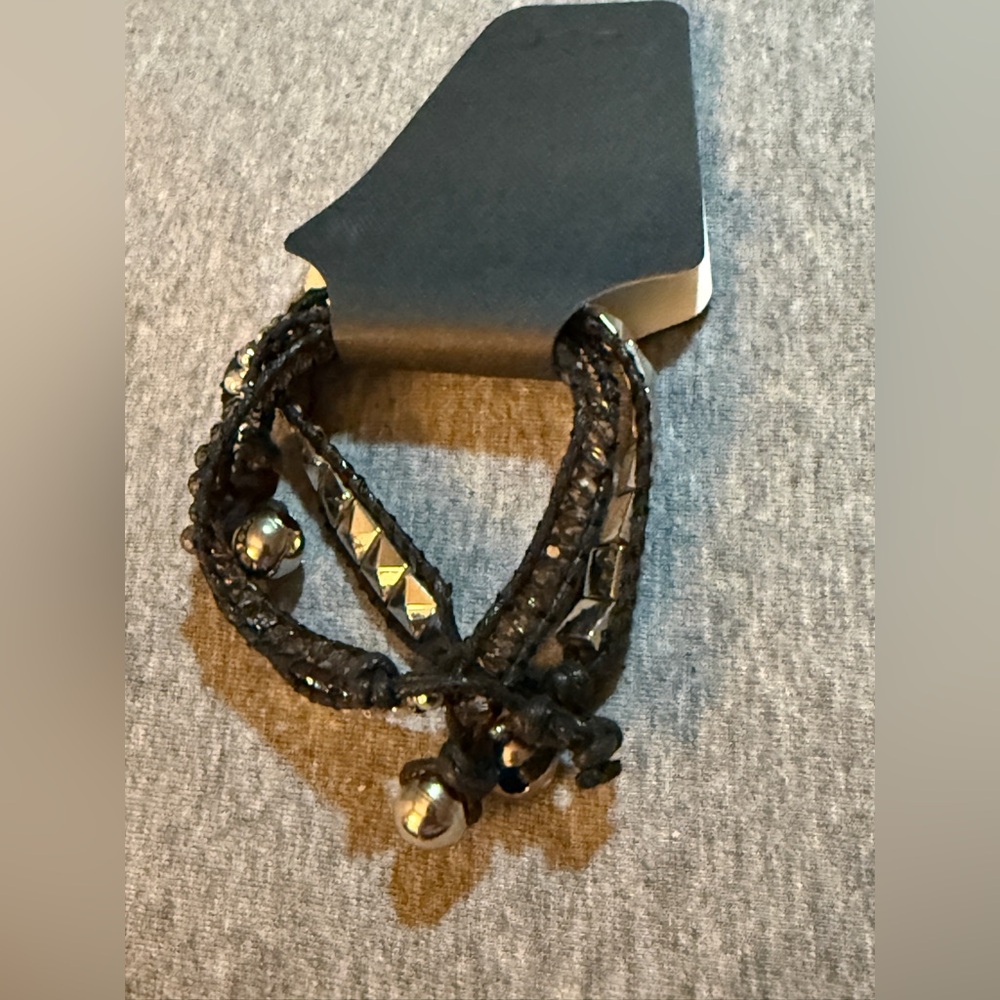 Leather Black Beaded Bracelet NWT - Picture 2 of 3